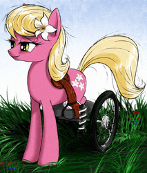 Size: 647x758 | Tagged: safe, artist:madhotaru, lily, lily valley, earth pony, pony, g4, amputee, disabled, female, solo, wheelchair