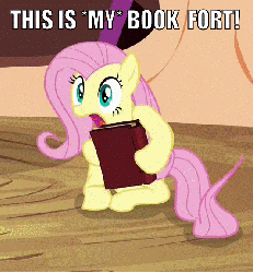 Size: 533x576 | Tagged: safe, screencap, fluttershy, pegasus, pony, g4, magic duel, season 3, animated, book, book fort, cowering, cute, female, gif, golden oaks library, hiding, image macro, library, meme, scared, sitting, solo, wide eyes