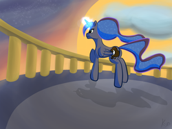 Size: 1600x1200 | Tagged: safe, artist:necrath, princess luna, pony, g4, balcony, female, magic, solo, sunset