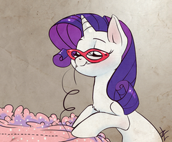 Size: 2000x1648 | Tagged: safe, artist:lizombie, rarity, pony, g4, chest fluff, female, glasses, mouth hold, sewing, solo