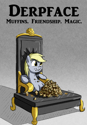 Size: 543x781 | Tagged: safe, artist:junkiekb, derpy hooves, pegasus, pony, g4, female, mare, muffin, parody, scarface, sitting, solo