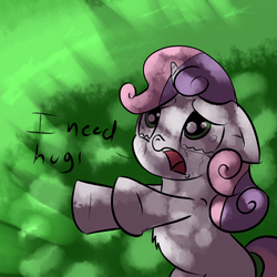 Size: 1024x1024 | Tagged: safe, artist:imsokyo, sweetie belle, pony, g4, chest fluff, crying, cute, diasweetes, female, hug, incoming hug, sad, solo