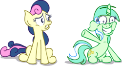 Size: 757x408 | Tagged: artist needed, safe, bon bon, lyra heartstrings, sweetie drops, earth pony, pony, unicorn, g4, female, mare, simple background, sitting, transparent background