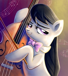 Size: 803x900 | Tagged: safe, artist:yulyeen, octavia melody, earth pony, pony, g4, bowtie, cello, costanza face, female, music notes, musical instrument, solo