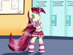 Size: 2000x1500 | Tagged: safe, artist:bloodwolvenl, roseluck, pony, g4, bipedal, blushing, clothes, female, schoolgirl, solo