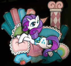 Size: 866x799 | Tagged: safe, artist:xenotropos, rarity, pony, unicorn, g4, black background, earring, female, mare, papercraft, pillow, saddle, simple background, solo