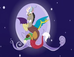 Size: 4000x3095 | Tagged: safe, artist:icelion87, discord, draconequus, g4, dreamworks face, fangs, flying, male, moon, night, smiling, solo, spread wings, stars, wings