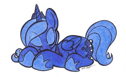 Size: 2303x1406 | Tagged: safe, artist:givenheart, princess luna, pony, g4, cute, female, s1 luna, simple background, sleeping, solo, traditional art