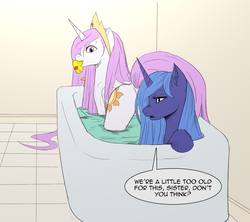 Size: 1152x1024 | Tagged: safe, artist:jalm, artist:tytan, princess celestia, princess luna, alicorn, pony, g4, bath, bathtub, butt, cute, cutelestia, dialogue, female, frown, looking back, lunabetes, mouth hold, nom, nose wrinkle, open mouth, pink-mane celestia, plot, rubber duck, s1 luna, sisters, smiling, strategically covered, sunbutt, unamused, water, wet, wet mane, younger