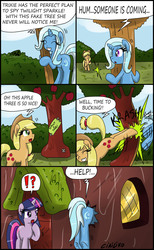 Size: 1910x3099 | Tagged: safe, artist:ciriliko, applejack, trixie, twilight sparkle, earth pony, pony, unicorn, g4, bucking, buttstuck, comic, creeper, flank, seems legit, stuck, totally a tree