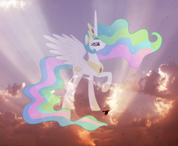 Size: 573x470 | Tagged: safe, artist:emberfiremane, artist:mylittlewolfie, princess celestia, alicorn, pony, g4, female, mare, raised hoof, solo, spread wings, wings