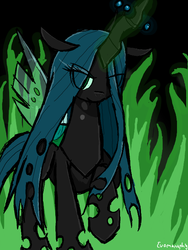 Size: 512x680 | Tagged: safe, artist:evomanaphy, queen chrysalis, changeling, changeling queen, g4, crown, female, fire, glowing, glowing horn, green fire, horn, jewelry, regalia, solo