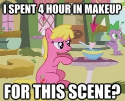Size: 364x293 | Tagged: safe, edit, edited screencap, screencap, cherry berry, spike, dragon, earth pony, pony, g4, too many pinkie pies, caption, duo, duo male and female, female, image macro, male, mare, mushroom table, ponyville, sitting