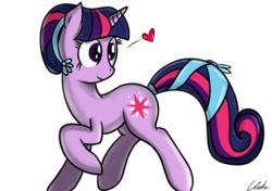 Size: 800x562 | Tagged: safe, artist:cs, twilight sparkle, g4, alternate hairstyle, heart, ribbon, tail wrap