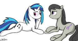 Size: 900x480 | Tagged: safe, artist:cs, dj pon-3, octavia melody, vinyl scratch, g4, blushing, female, lesbian, ship:scratchtavia, shipping