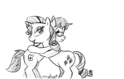 Size: 853x547 | Tagged: safe, artist:wingbeatpony, rarity, oc, oc:burnt-toaster, g4, hug, monochrome