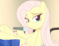 Size: 1156x890 | Tagged: safe, artist:deannart, fluttershy, pegasus, pony, .mov, innocence.mov, g4, bedroom eyes, cute, female, hooves on the table, looking at you, mare, microphone, shocking the cast, shyabetes, smiling, solo, stupid sexy fluttershy, youtube