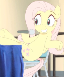 Size: 691x836 | Tagged: safe, artist:deannart, fluttershy, pegasus, pony, .mov, innocence.mov, g4, female, hooves on the table, mare, microphone, shocking the cast, shrug, smiling, youtube