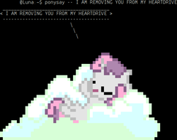 Size: 567x447 | Tagged: safe, sweetie belle, pony, robot, robot pony, unicorn, friendship is witchcraft, g4, black background, female, filly, foal, hooves, horn, linux, lying down, pixel art, ponysay, simple background, solo, sweetie bot, terminal, text