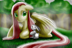 Size: 900x593 | Tagged: safe, artist:mirrorandimage, angel bunny, fluttershy, g4, rain