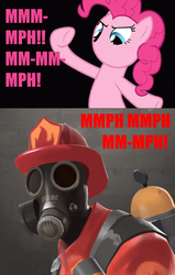 Size: 500x788 | Tagged: safe, pinkie pie, g4, dialogue, no mouth, pyro (tf2), team fortress 2, that's my x