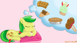 Size: 1920x1080 | Tagged: safe, artist:verminshy, apple fritter, g4, apple, apple family member, apple fritter (food), apple pie, candy apple, cupcake, dream, food, pie, pillow, sleeping