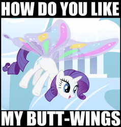 Size: 500x526 | Tagged: safe, edit, edited screencap, screencap, rarity, pony, unicorn, g4, sonic rainboom (episode), butt wings, caption, cloudsdale, cropped, female, flying, glimmer wings, horn, solo, text, wings