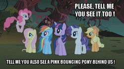 Size: 638x356 | Tagged: safe, applejack, fluttershy, pinkie pie, rainbow dash, rarity, twilight sparkle, g4, everfree forest, forest, hop, hopping, image macro, mane six