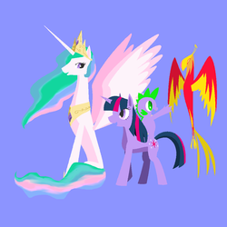 Size: 1000x1000 | Tagged: safe, artist:jun, philomena, princess celestia, spike, twilight sparkle, phoenix, g4, pixiv