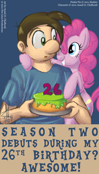 Size: 2000x3500 | Tagged: safe, artist:hope(n forever), pinkie pie, human, g4, season 2, birthday, cake, candle, green icing, meta, nose, numbers