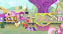 Size: 1367x747 | Tagged: safe, screencap, big macintosh, carrot top, cheerilee, derpy hooves, golden harvest, granny smith, twilight sparkle, earth pony, pony, g4, male, opening, stallion, theme song, train