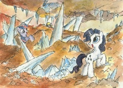 Size: 3234x2319 | Tagged: safe, artist:xx2wolffeather1xx, derpy hooves, rarity, twilight sparkle, pegasus, pony, g4, cave, crystal, female, mare, traditional art, watercolor painting