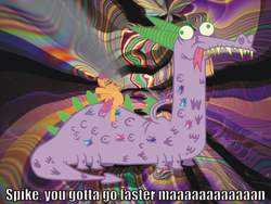 Size: 680x510 | Tagged: safe, crackle, scootaloo, spike, dragon, pegasus, pony, g4, caption, drug use, drugs, female, filly, high, joint, marijuana, ponies riding dragons, riding, stoned, text, tongue out, trippy