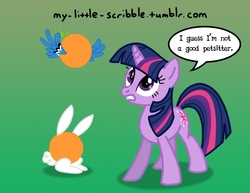 Size: 792x612 | Tagged: safe, artist:scribble, angel bunny, orange bird, twilight sparkle, g4, 30 minute art challenge, orangified