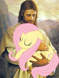 Size: 480x633 | Tagged: safe, artist:del parson, fluttershy, human, pegasus, pony, g4, duo, duo male and female, eyes closed, female, folded wings, holding a pony, jesus christ, male, mare, wings