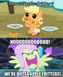Size: 1164x1411 | Tagged: safe, edit, edited screencap, screencap, applejack, fluttershy, apple family reunion, g4, season 1, season 3, the best night ever, adventure in the comments, albuquerque, apple fritter (food), babyjack, clothes, dress, flutterrage, funny, gala dress, lyrics in the comments, song reference, weird al yankovic, you're going to love me