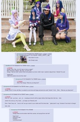 Size: 966x1478 | Tagged: safe, artist:axure, artist:rhetoricalgamer, artist:unkcos11, spike, twilight sparkle, g4, 4chan, 4chan screencap, apron, clothes, cosplay, crossover, future twilight, george lopez, oni-con, rule 63, text