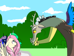 Size: 1400x1050 | Tagged: safe, artist:panda-bearxoxo, discord, fluttershy, princess celestia, princess luna, g4