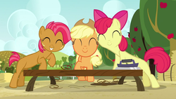 Size: 1280x720 | Tagged: safe, screencap, apple bloom, applejack, babs seed, earth pony, pony, apple family reunion, g4, season 3, ^^, eyes closed, female, filly, foal, heartwarming, raise this barn, smiling, trio