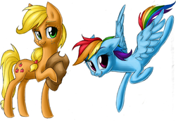 Size: 2314x1589 | Tagged: dead source, safe, artist:madelonetjj, applejack, rainbow dash, earth pony, pegasus, pony, g4, duo, female, flying, holding, mare, simple background, smiling, white background