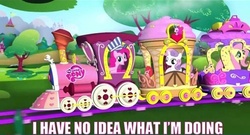 Size: 500x270 | Tagged: safe, fluttershy, pinkie pie, sweetie belle, g4, caption, friendship express, i have no idea what i'm doing, image macro, meme, pinkie pie operating a locomotive, train