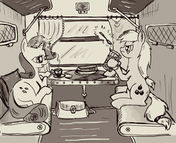 Size: 1000x812 | Tagged: safe, artist:agm, applejack, rarity, earth pony, pony, unicorn, g4, cap, couchette car, cup holder, female, glass, glasses, glassholder, hat, hooves, horn, mare, spoon, tea, train, train cabin