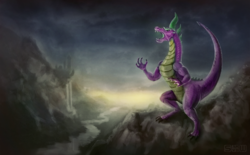 Size: 1200x742 | Tagged: safe, artist:br0ny, spike, g4, adult spike, canterlot, older, scenery, spikezilla