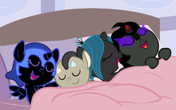 Size: 4000x2500 | Tagged: safe, artist:beavernator, discord, king sombra, nightmare moon, queen chrysalis, alicorn, changeling, draconequus, nymph, pony, unicorn, g4, baby, baby pony, bed, c:, cute, cutealis, discute, eyes closed, group, moonabetes, open mouth, pillow, quartet, sleeping, smiling, sombradorable