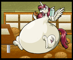 Size: 1024x848 | Tagged: dead source, safe, artist:virus-20, oc, oc only, oc:fausticorn, pony, belly, big belly, expansion, fat, morbidly obese, obese, sexy, solo, stuffing