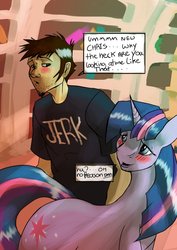 Size: 905x1280 | Tagged: safe, artist:brokencreation, twilight sparkle, human, pony, unicorn, g4, crack shipping, crossover, crossover shipping, dan, dan vs, female, male, straight, twilightdan, unicorn twilight