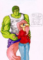 Size: 907x1280 | Tagged: safe, artist:djpuppeh, fluttershy, anthro, g4, clothes, crossover shipping, female, male, shipping, straight, sweater, sweatershy, the incredible hulk