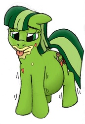 Size: 550x800 | Tagged: safe, oc, oc only, oc:greedy guts, earth pony, pony, belly, fat, female, food, messy, solo, stuffed