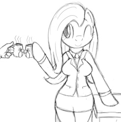 Size: 800x810 | Tagged: safe, artist:tg-0, fluttershy, human, anthro, semi-anthro, g4, arm hooves, awesome face, boss, breasts, business suit, busty fluttershy, clothes, one eye closed, suit, toasting, wink