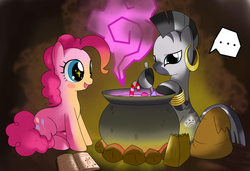 Size: 1520x1040 | Tagged: safe, artist:hoyeechun, pinkie pie, zecora, earth pony, pony, zebra, g4, ..., book, candy, candy cane, cauldron, cooking, duo, food, pot, sparkly eyes, wingding eyes